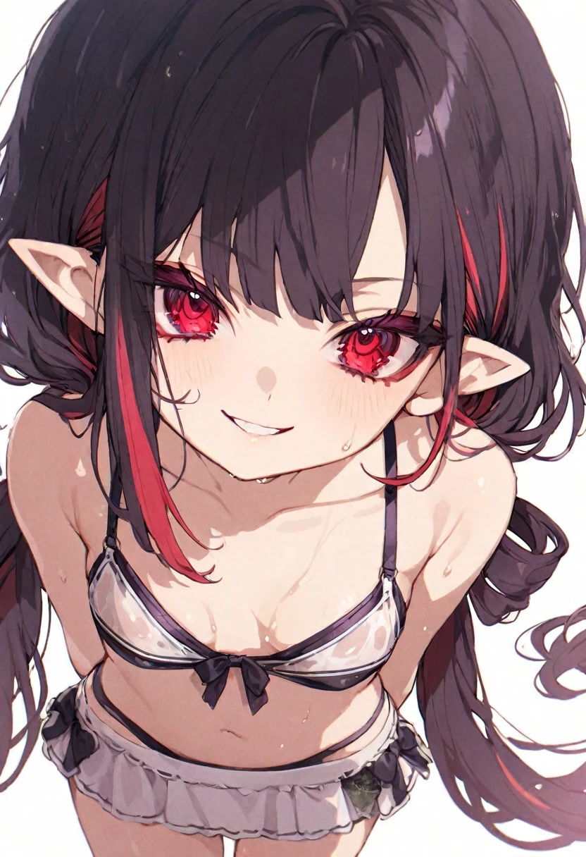 (8k、Top image quality、top-quality、masterpiece)、1 girl in、Black hair twintails、blunt bangs、red eyes、Show your teeth and smile、piercings、long ears、piercings、demonic horns、tiny chest、(Black Micro Bikini)、blackshort shorts、platform leather shoes、(Sit on a black bed)、wariza、Taken from above