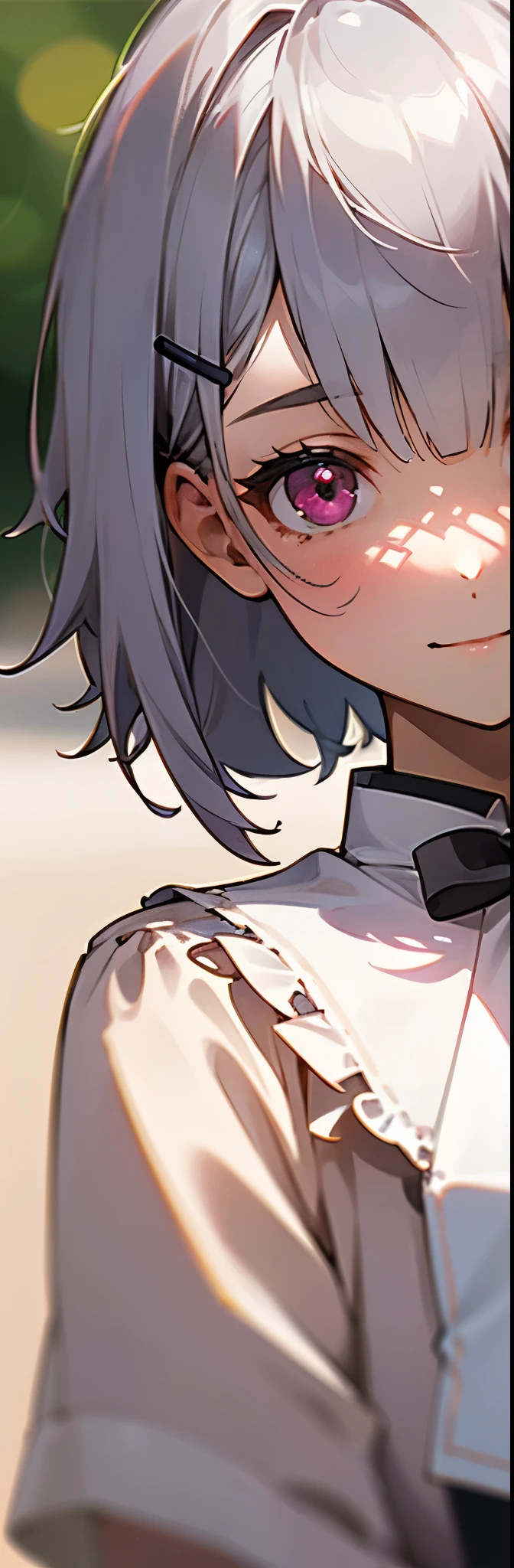 1 girl、8k、Sharp focus、(Bokeh) (Highest quality) (Detailed skin:1.3) (Intricate details) (anime)、Short silver bob hair held together with a hair clip, Pink Eyes、smile、I really like it、Upper body close-up、Morning Cafe Terrace、Background Blur, Written boundary depth