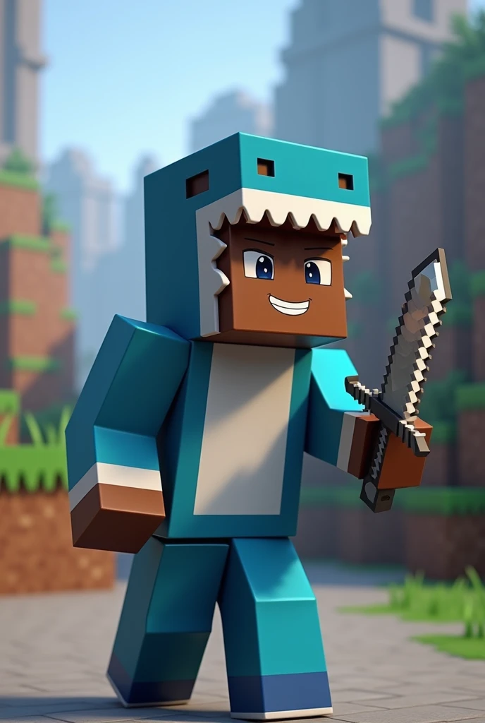 A Minecraft character, with a shark costume, with chocolate skin, with blue pants, with a blue shoe, Minecraft background,  Posing for a photo, with realism, with an iron sword in his hand, Looking at screen, with a smile,