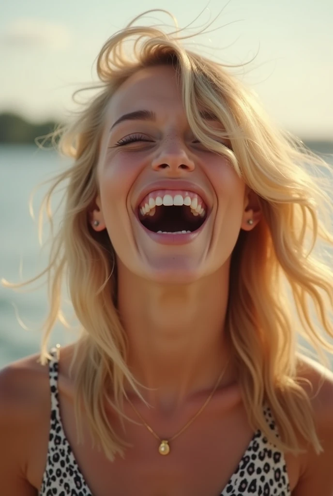 beautiful blonde bursting out laughing, real photo, instagramart, Shooting from a distance