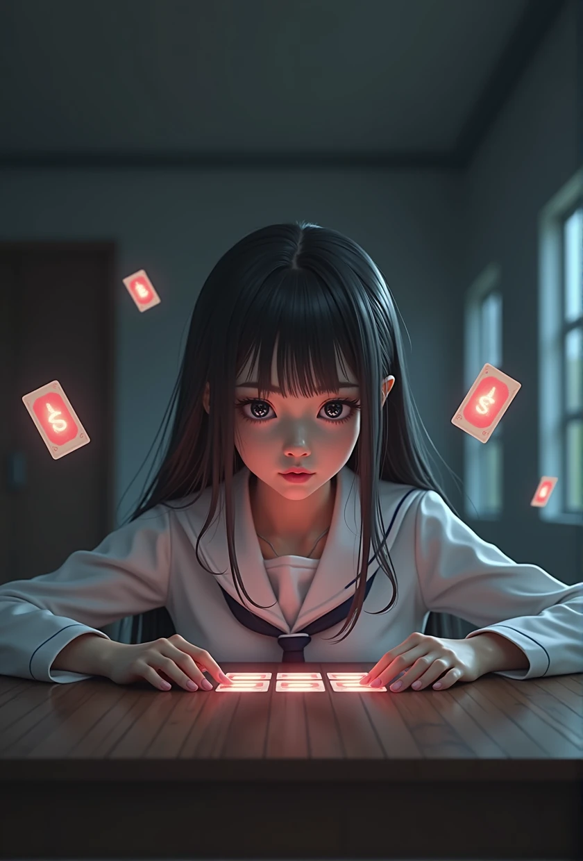 photo、フォトリアリスティック、a Japanese psychic girl glaring at a table of ESP cards, detailed face, beautiful eyes and lips, long eyelashes, porcelain skin, elegant hairstyle, white school uniform, sitting at a table, intense expression, floating ESP cards, dramatic lighting, photorealistic, highly detailed, cinematic, vibrant colors, digital art.