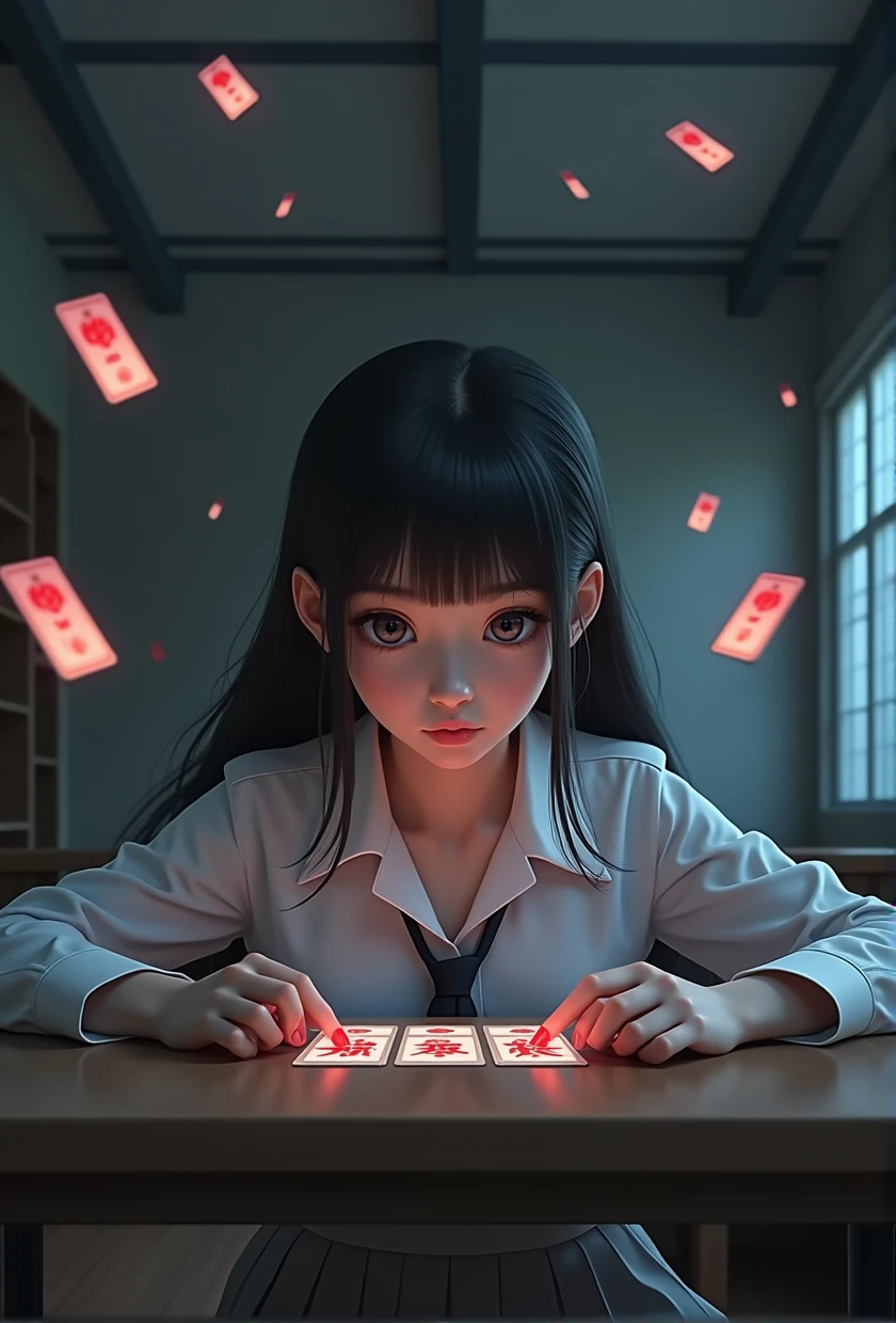 photo、フォトリアリスティック、a Japanese psychic girl glaring at a table of ESP cards, detailed face, beautiful eyes and lips, long eyelashes, porcelain skin, elegant hairstyle, white school uniform, sitting at a table, intense expression, floating ESP cards, dramatic lighting, photorealistic, highly detailed, cinematic, vibrant colors, digital art.
