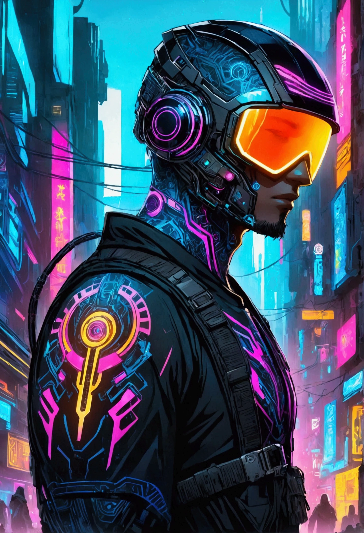 Create a futuristic Cyberpunk themed illustration featuring a shirtless man with cybernetic arms. Let his chest and arms be adorned with brightly illuminated tattoos in neon shades of blue, purple and pink. He's wearing black cargo pants peppered with neon details. His entire head and face are covered with a futuristic LED Techwear helmet, making him an enigmatic figure. Capture the gritty and high-tech nuances of the cyberpunk aesthetic.