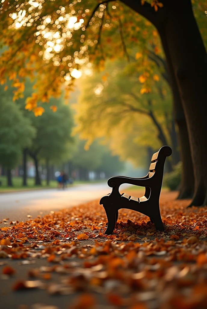 A stunning photo of summer view, a bench  in a park in front of a pedestrian lane with lots of dry brown leaves on the ground, zoom the image from the below on the ground, low lighting, masterpiece, highly-detailed, ultra-sharp. 