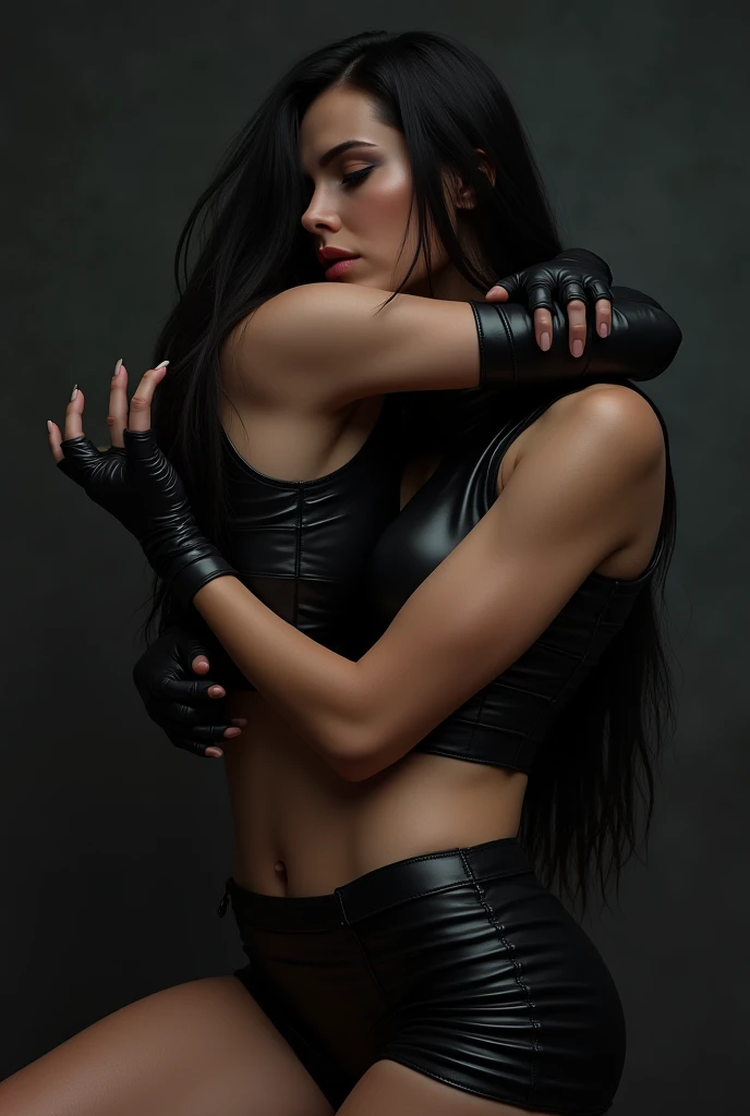 and long straight black hair and fit woman wears a black leather crop top, black leather gloves, black leather skirt, black leather boots doing blowjob 