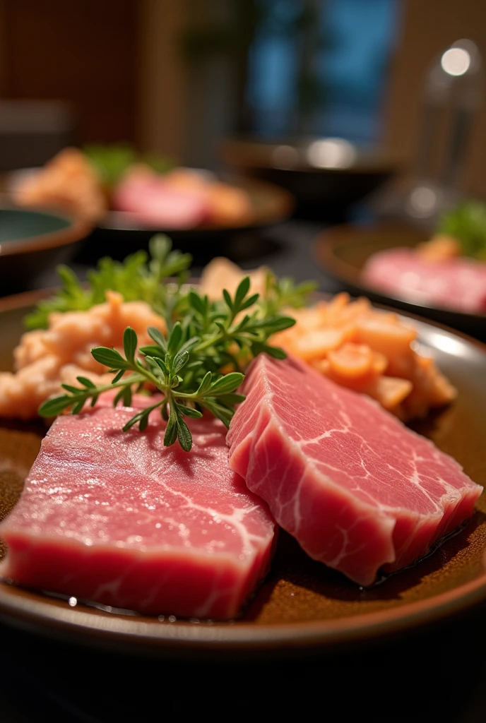 Scenery of a high-end yakiniku restaurant。Close-up photo
