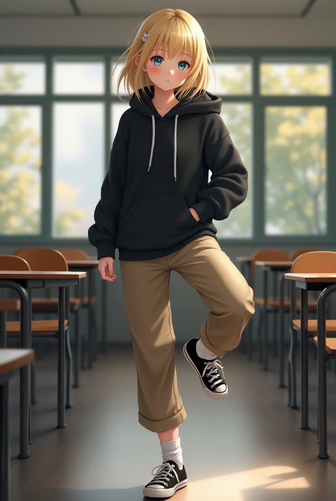 Realistic white girl, blonde hair, blue eyes, khaki pants, black high top converse shoes, black hoodie, white socks, one leg kicking in the air towards the camera, classroom background, full body. 