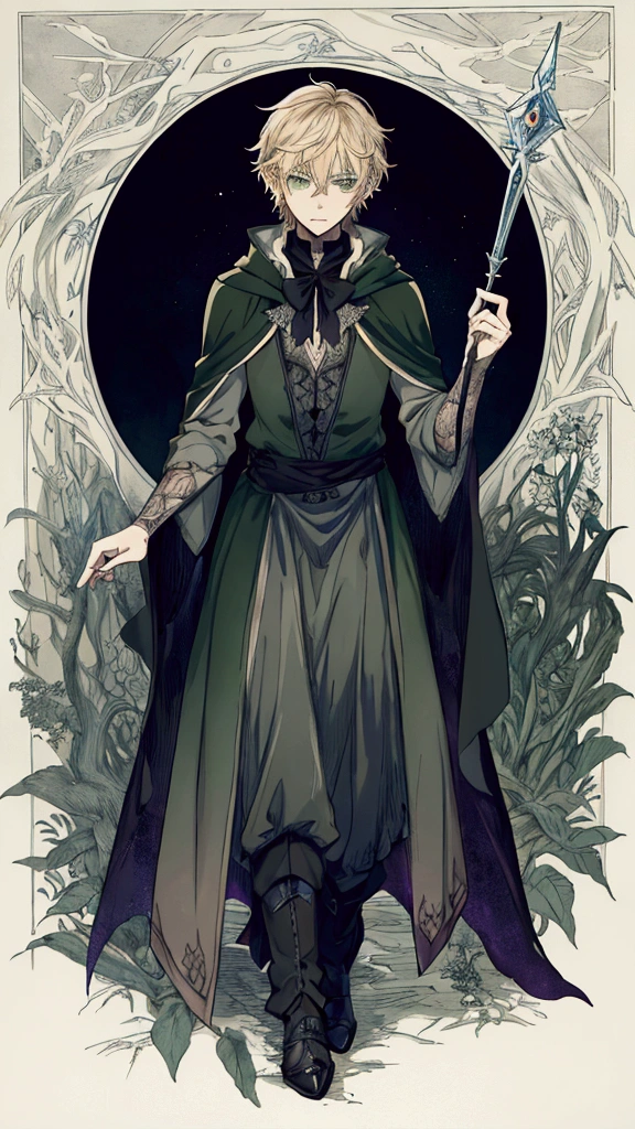 (Masterpiece), ((Highest Quality)),(Official Art),Dark cynicism:1.2),(1 Male: 1.3), A fairytale male wizard with short blonde hair, green eyes, pointy ear, and clad in black wizard cloak. He carries a magic wand. His magic and surroundings are reminiscent of dark Alice in Wonderland. Detailed drawing. Detailed eyes. Masculine jaws. Soft fairy tale picture book, Arthur Rackham. Colorful, best detailed ((super detailed)), (highly detailed 2D anime boy illustration), ((dark and beautiful)) --auto --s2