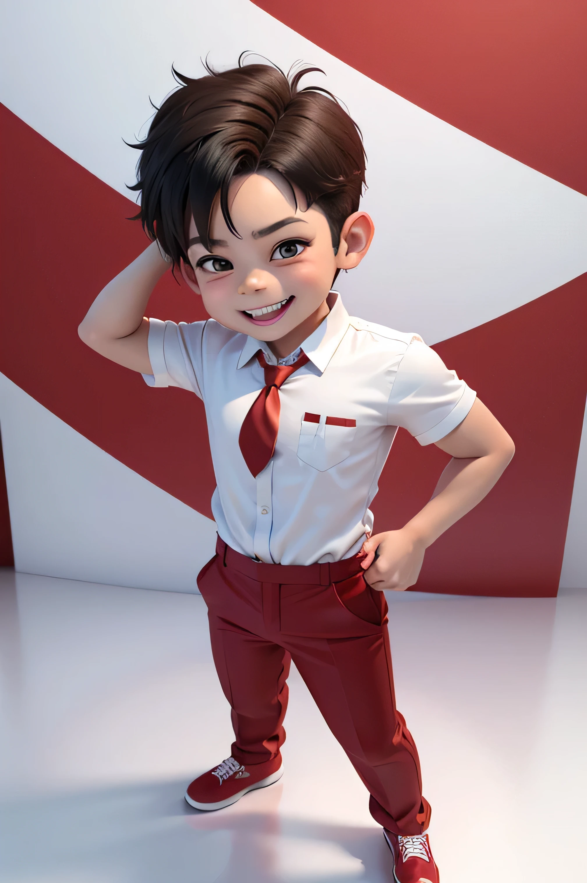 3d caricature model, 6 years old boy wear white shirt and red pant with red tie, fun, full body, happy, thump up, animation
