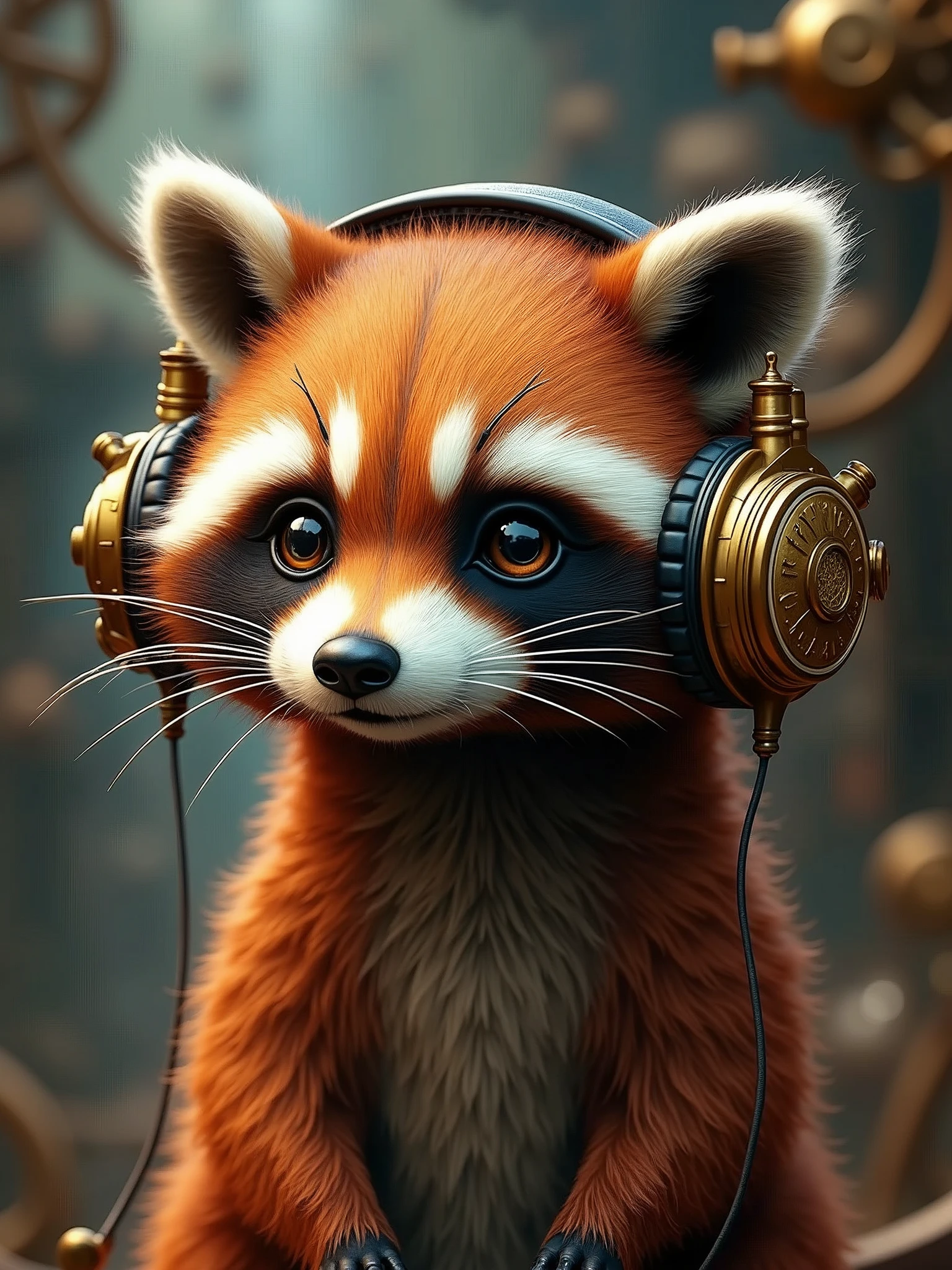 raccoon,red in color,steampunk style,listens to music through headphones that are worn on his head