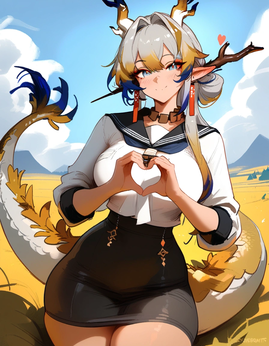 1girl, shu \(arknights\), arknights \\\\\ masterpiece, best quality, newest, horns, ///// , , by khyle, cutesexyrobutts, nyantcha \\\\\ thin waist, highres, absurdes.,,,big breasts, dragon_girl, cropped legs, sky, clouds, dragon tail, serafuku, sailor collar, skirt, light blue eyes, looking at viewer,  black stockings, field, smile, pov, cowgirl position, , blush, ear blush, heart shaped hands