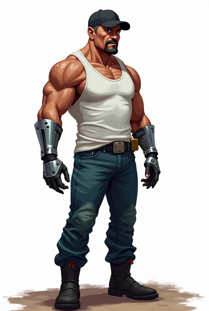 drawning, sharp colors, um homem stark, zombie apocalypse style, 30years, short stature, stark, black goatee, Black cap, white tank top, blue jeans, Black boots, a silver-plated prosthesis on the left hand, Furiosa, white background, fully body 