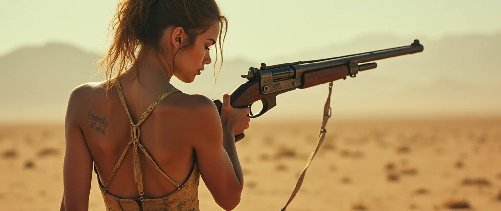 Mad Max Woman, photographrealistic, Postapocalypse、rifle、((())), Colossal 、Young Woman、Lots of skin、