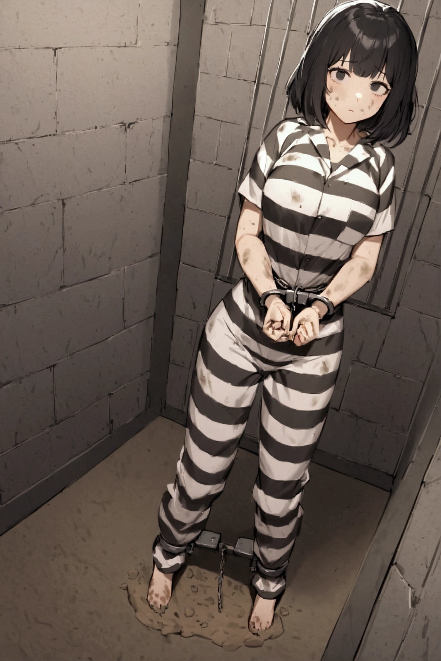 Prisoner, Girl in prison, Imprisonment, Imprisonment, Black and white prison jumpsuit, Handcuffed,Shackles, Suppressed, bondage, be interested, Solitary confinement, rock,black　hair,Choppy　hair,bob cut,black eyes,mud stains,dirty face,dirt on face,dirty cloth