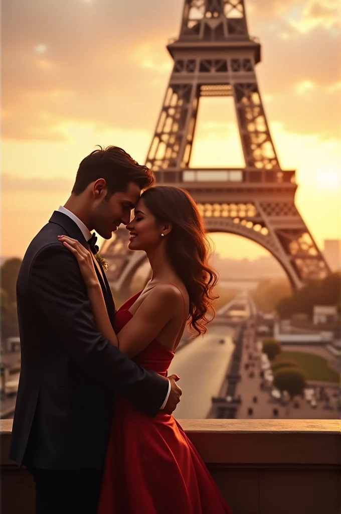 A couple in love at the Eiffel Tower