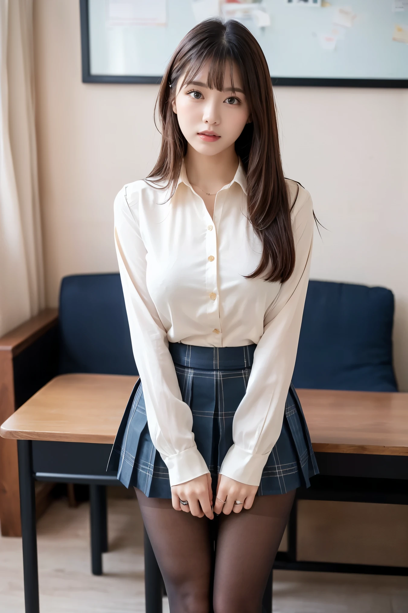 (((8k、High resolution、Highest quality、High resolution)))alone、Natural body shape、White skin、Natural Makeup、((Black Hair、bangs、Straight Long Hair))、((()))、Sitting、(:1.4)、(())、(((((Full body photo)))))、(((Looking into the camera)))、(((Wear a uniform on the upper body)))、Bedroom、(((Of high school))) 、((white collared long sleeve blouse))、((Beige cardigan))、((Pleated skirt with dark blue plaid pattern、mini skirt、Ultra-realistic pantyhose))、、、Expressionless、((Exposing your thighs)), Beautiful mature woman