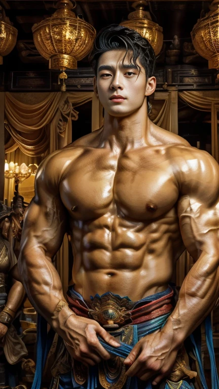 disconsolate，Ambient，artistic conception，large scene，The wind blew up the white curtains，Dattain lamps，Diffuse light，chest muscle，detailed face, Shirtless, stubbles, Sideburns, musculature, Strong handsome korean  guy， a golden statue of handsome men god , multiple hands holding some weapons, , Hanfu，Golden blue、Jing Qing Moqing、jackson wang, Plain cherry blue，Junyi，Dignified atmosphere，Temperament，Short hair, Flat-headed beautiful man，The light is gentle，The scene comes to life