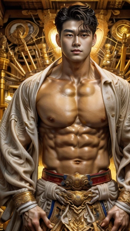 disconsolate，Ambient，artistic conception，large scene，The wind blew up the white curtains，Dattain lamps，Diffuse light，chest muscle，detailed face, Shirtless, stubbles, Sideburns, musculature, Strong handsome korean  guy， a golden statue of handsome men god , multiple hands holding some weapons, , Hanfu，Golden blue、Jing Qing Moqing、jackson wang, Plain cherry blue，Junyi，Dignified atmosphere，Temperament，Short hair, Flat-headed beautiful man，The light is gentle，The scene comes to life