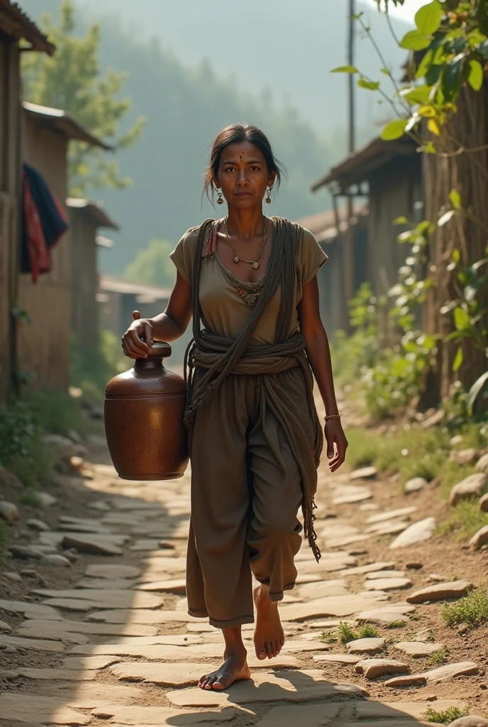 (photorealism:1.2), beautiful Nepali mother women ,walking by Carring water jar (DOKO)walkinv on street of Poor village(hilli rigan) .Wearing a BULKI in nose  (a Nepali Famous Arnament) wearing very poor nepali clotheses and nacked foot, short poor hair, soft lighting, plants,stone payved difficult road in background, with sunlight, having vary tired , realistic,