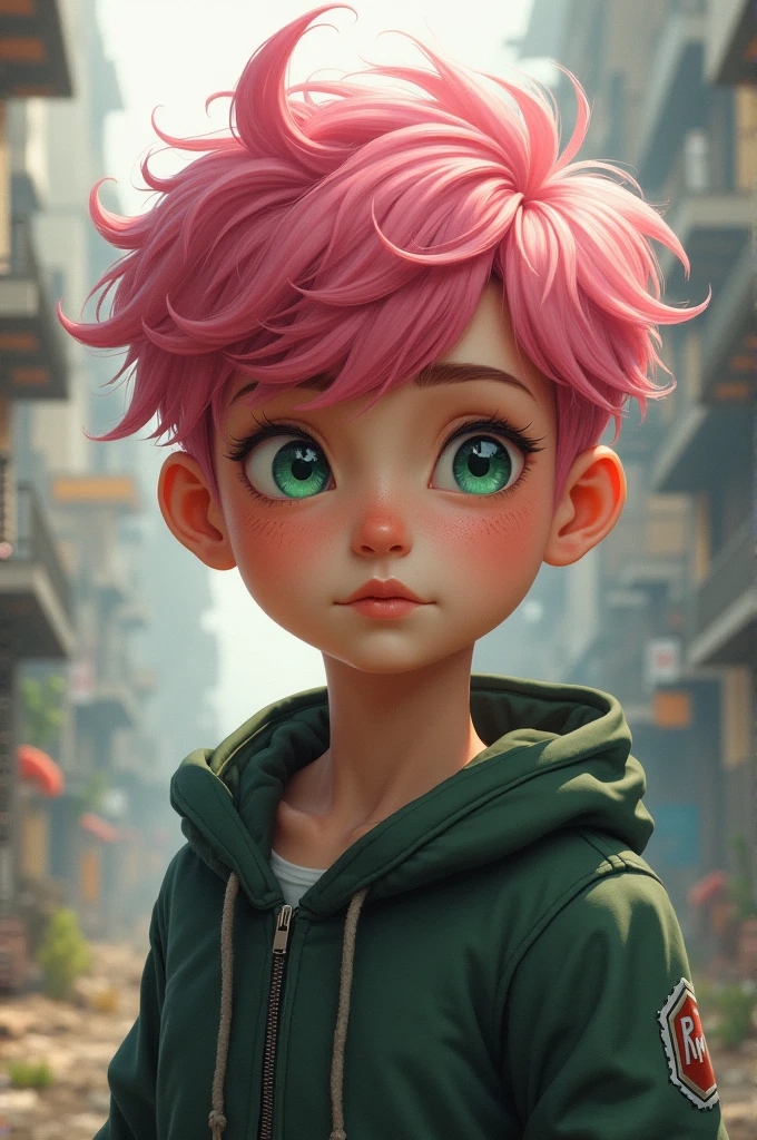 boy, pink hair, green eyes 