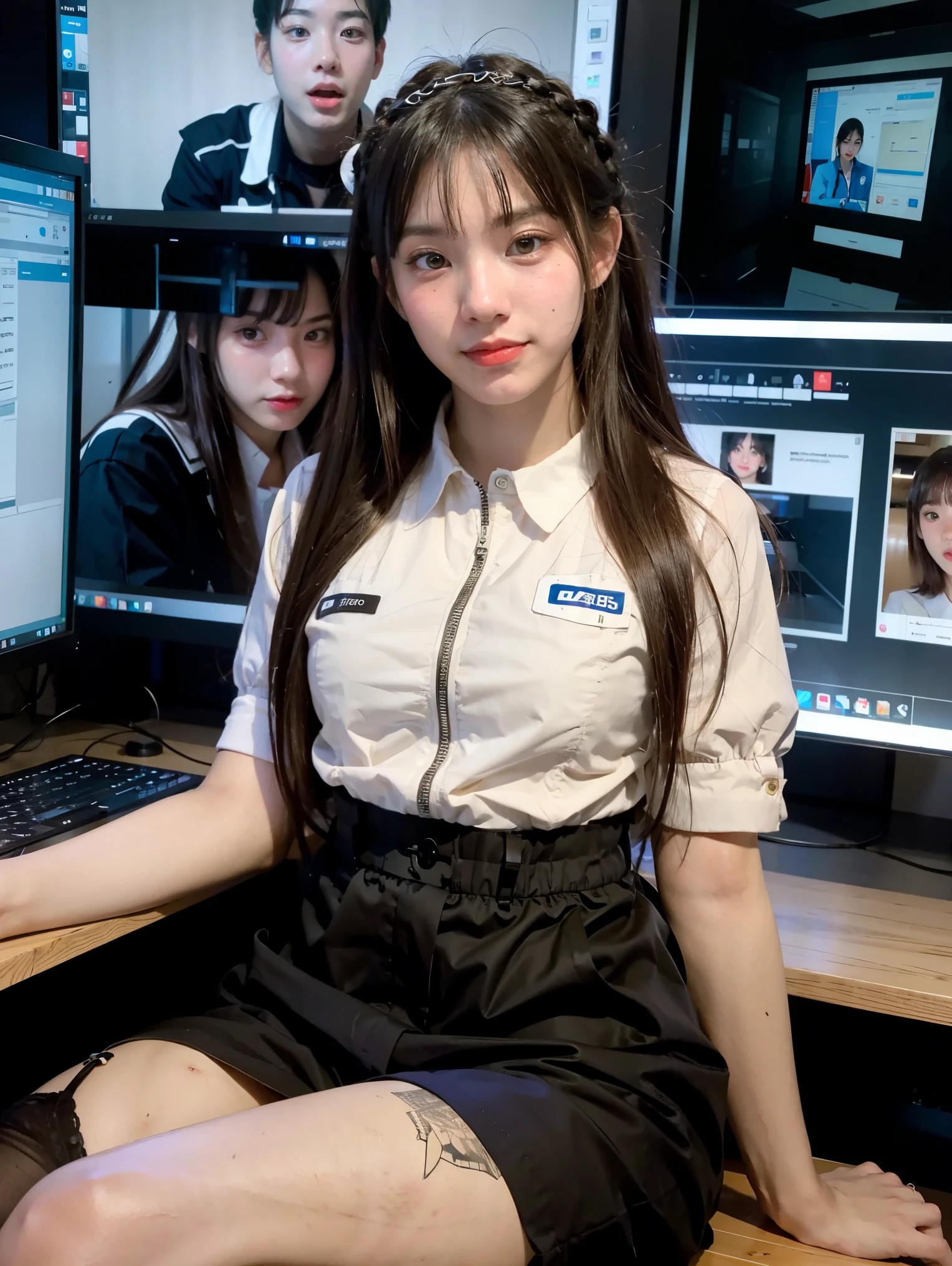 Absurd resolution, high resolution, (masterpiece: 1.4), hyper-detail, black-haired young woman dressed as a technician, blushing and excited expression, sitting in an extremely narrow and closed mecha control room