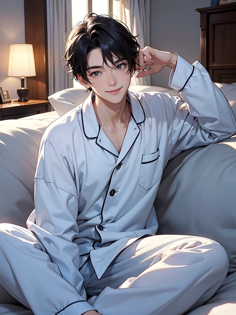 Cute guy, warm, relax, beautiful, Calm, A light smile、pajamas、