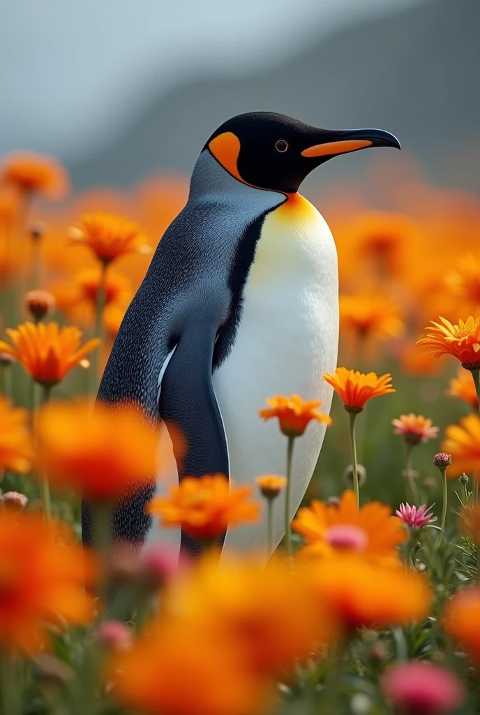 A realistic image of a penguin standing amidst a vibrant, blooming flower field, highlighting the contrast between its cold habitat and the warmth and life of the flowers. Bright shadows and vibrant colors, resembling a high-quality digital camera photograph.