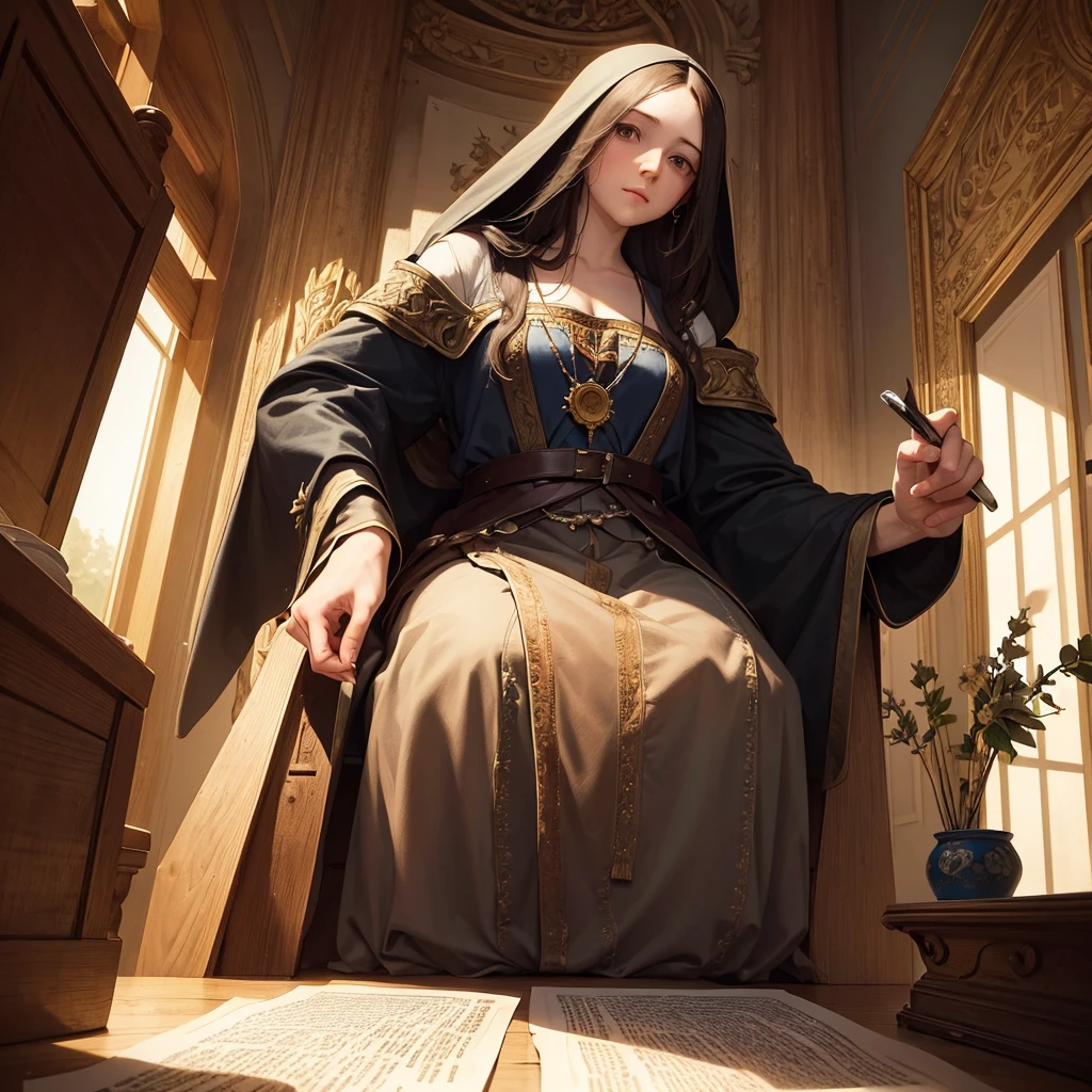 

Scene with two characters, an old man and a woman. Draw this scene in a Renaissance studio softly lit by natural light. In the center of the scene, Mona Lisa stands in front of a large painting. She is wearing a painting apron and is holding a paintbrush., applying paints to the canvas. Her dark hair falls softly over her shoulders, and she is focused on creating a portrait of Leonardo da Vinci.

Leonardo da Vinci sits in a tall carved wooden chair, observing the work of Mona Lisa with an expression of wisdom and tranquility. He has a long white beard and a look of pride and patience., reflecting respect and admiration for the young artist.

The environment should reflect the Renaissance atmosphere with rich tapestries on the walls and shelves full of books and scrolls.. The soft light coming through the arched windows should create an ethereal effect in the scene., highlighting the interaction between the two artists.

---