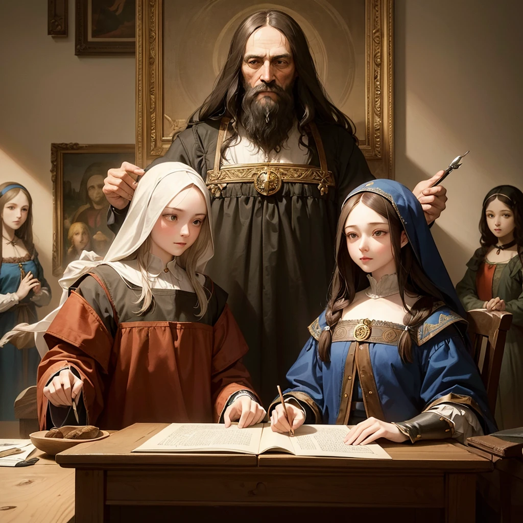 Scene with two characters, an old man and a woman. Draw this scene in a Renaissance studio softly lit by natural light. In the center of the scene, Mona Lisa stands in front of a large painting. She is wearing a painting apron and is holding a paintbrush., applying paints to the canvas. Her dark hair falls softly over her shoulders, and she is focused on creating a portrait of Leonardo da Vinci.
Leonardo da Vinci sits in a tall carved wooden chair, observing the work of Mona Lisa with an expression of wisdom and tranquility. He has a long white beard and a look of pride and patience., reflecting respect and admiration for the young artist.
The environment should reflect the Renaissance atmosphere with rich tapestries on the walls and shelves full of books and scrolls.. The soft light coming through the arched windows should create an ethereal effect in the scene., highlighting the interaction between the two artists.
---