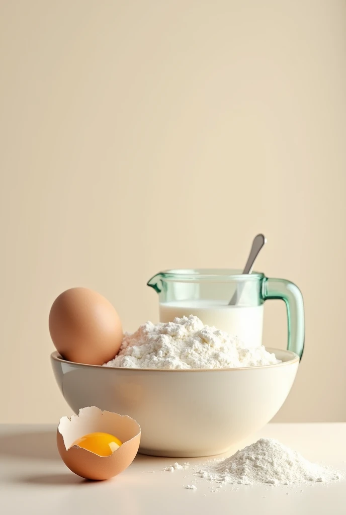 Add an egg and a cup of milk in a bowl with flour.realistic.



