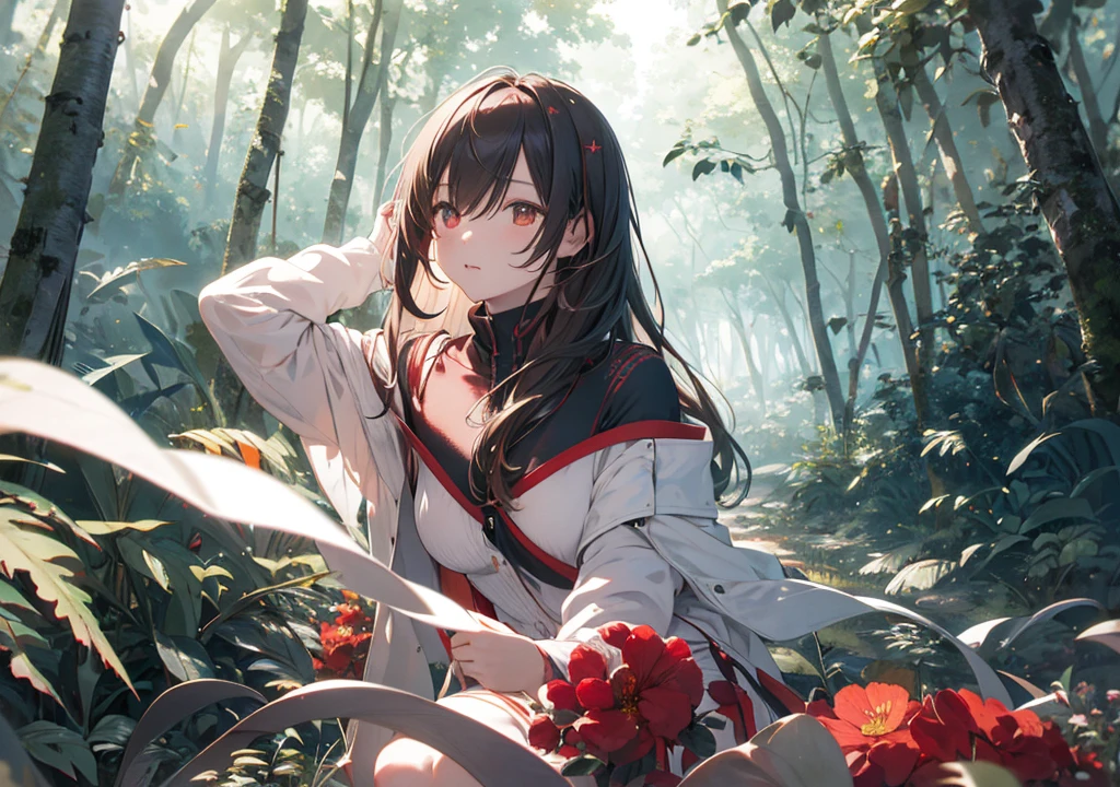 Realistic photos, Focus distance 10mm, Red and white, Beautiful girl, Realistic photos, Shooting at focus distance 10mm, masterpiece, 最high quality, high quality, Very detailed CG 8k wallpaper unit, Award-winning photography, Depth of written boundary, High resolution, bloom, chromatic aberration, Realistic, Very detailed, Art Station Trends, CGsociety Trends, Complex, High detail, dramatic, Art on the go, volumetric lighting, A beautiful girl in a quiet forest, leaning back and looking up at the sky in deep meditation, her hair blowing in the wind, Thin legs, Meditating