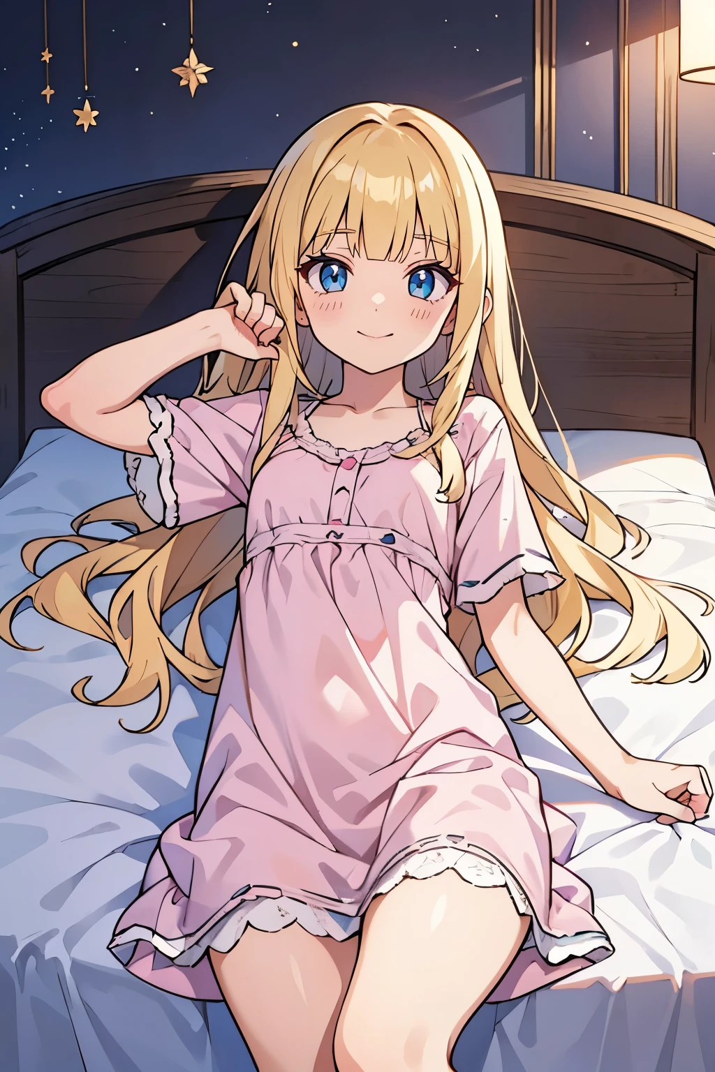 masterpiece, solo girl, (young female body:1.4), (small breasts), cowboy shot, flustered, yellow golden hair, extra gold long hair, thick wavy hair, hime cut, blunt bangs, crystal blue eyes, light blue detailed eyes, bedroom background, pink nightgown, lying on bed, looking from abive, bird eye view, pink nightgown, nighttime, dark room, lying on back, short pink night dress, short sleeves