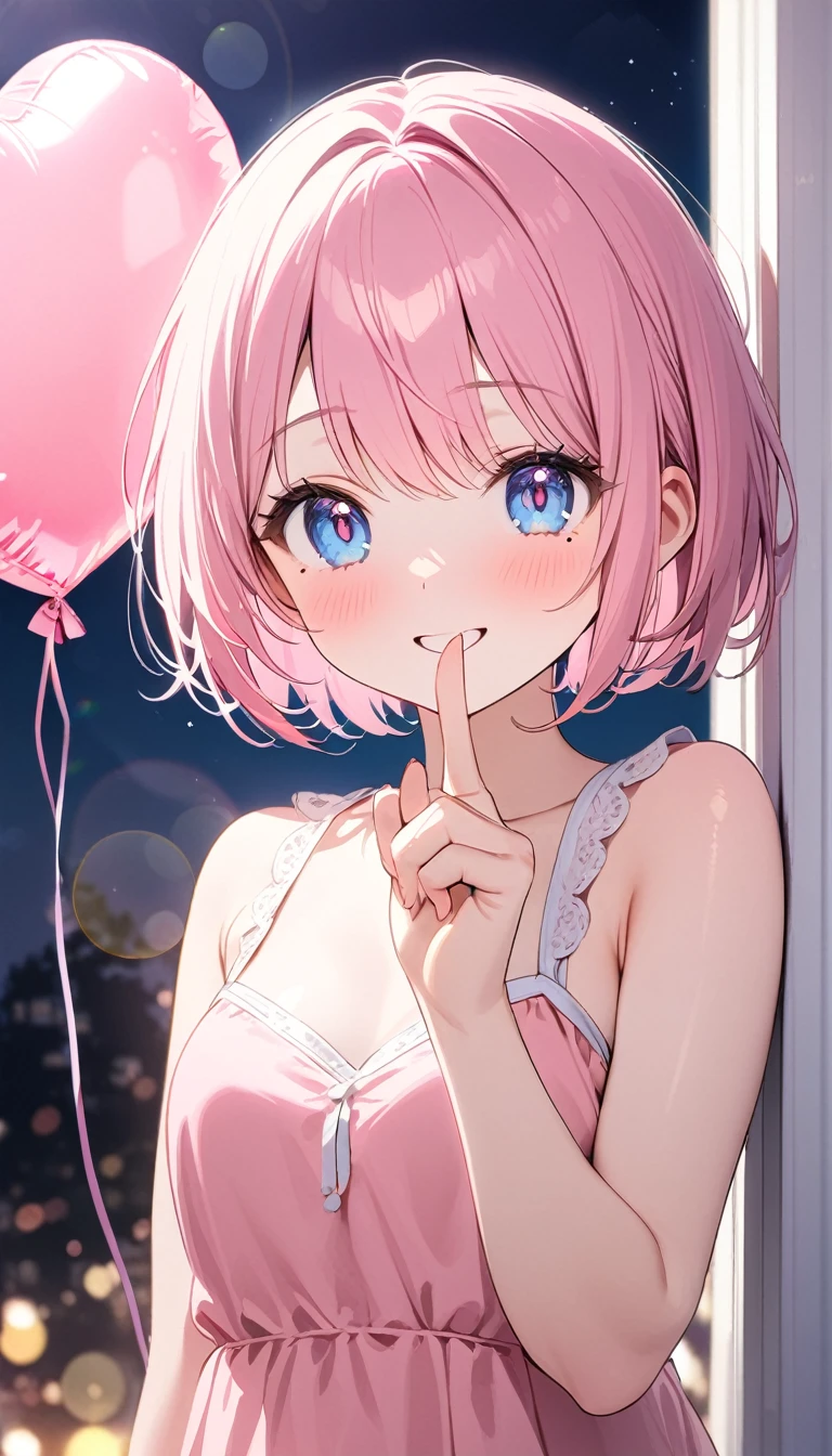 (1 girl),(Best Picture Quality, 8K, Masterpiece:1.3), (high school student:1.5), ((pink lob hair:1.1)), (bob cut),(swept bangs), (cute eyes, pupil black, iris skyblue, youthful face), (mole under right eye), (standard weight), (small breasts),(big hip), (glistening skin:1.1),(pale skin:1.2),(happy:1.4),BREAK,(pink sundress),(Heart Balloon),(Pastel pink Bedroom),(in the night),((portrait)),(index finger raised),((Lens Flare:1.2)).