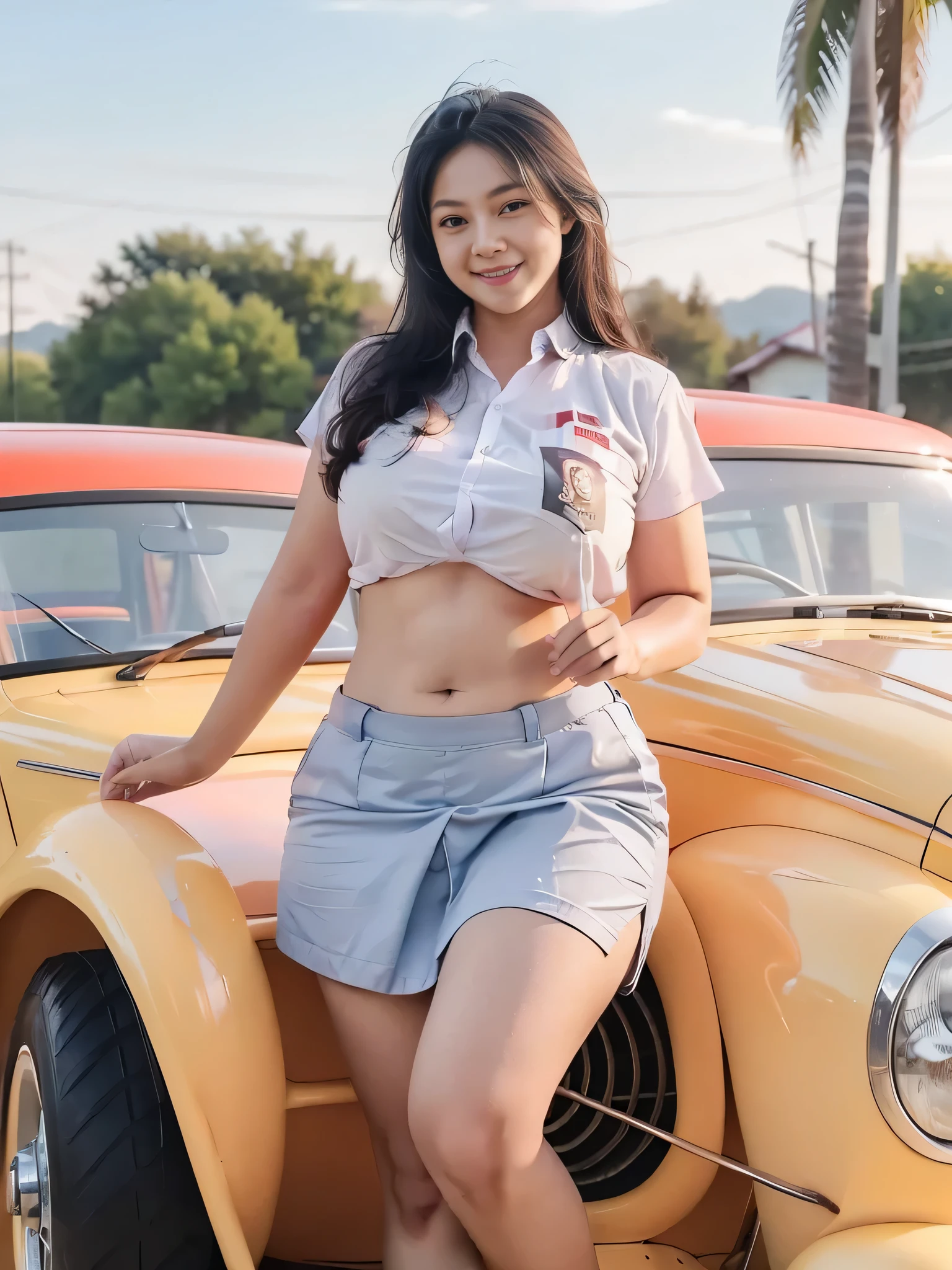 1girl, solo, 19 years old, (uniform), detailed Metropolitan city at the background, portrait, thick breasts, semi-curvy body, Sixpack abs, smooth realistic skin, cute smile, tight white shirt, grey blue short skirt, looking at the audience, high angle shot,(8k, RAW photo, best quality, masterpiece: 1.3), (realistic, realistic: 1.37), ultra-high resolution, cowboy shot