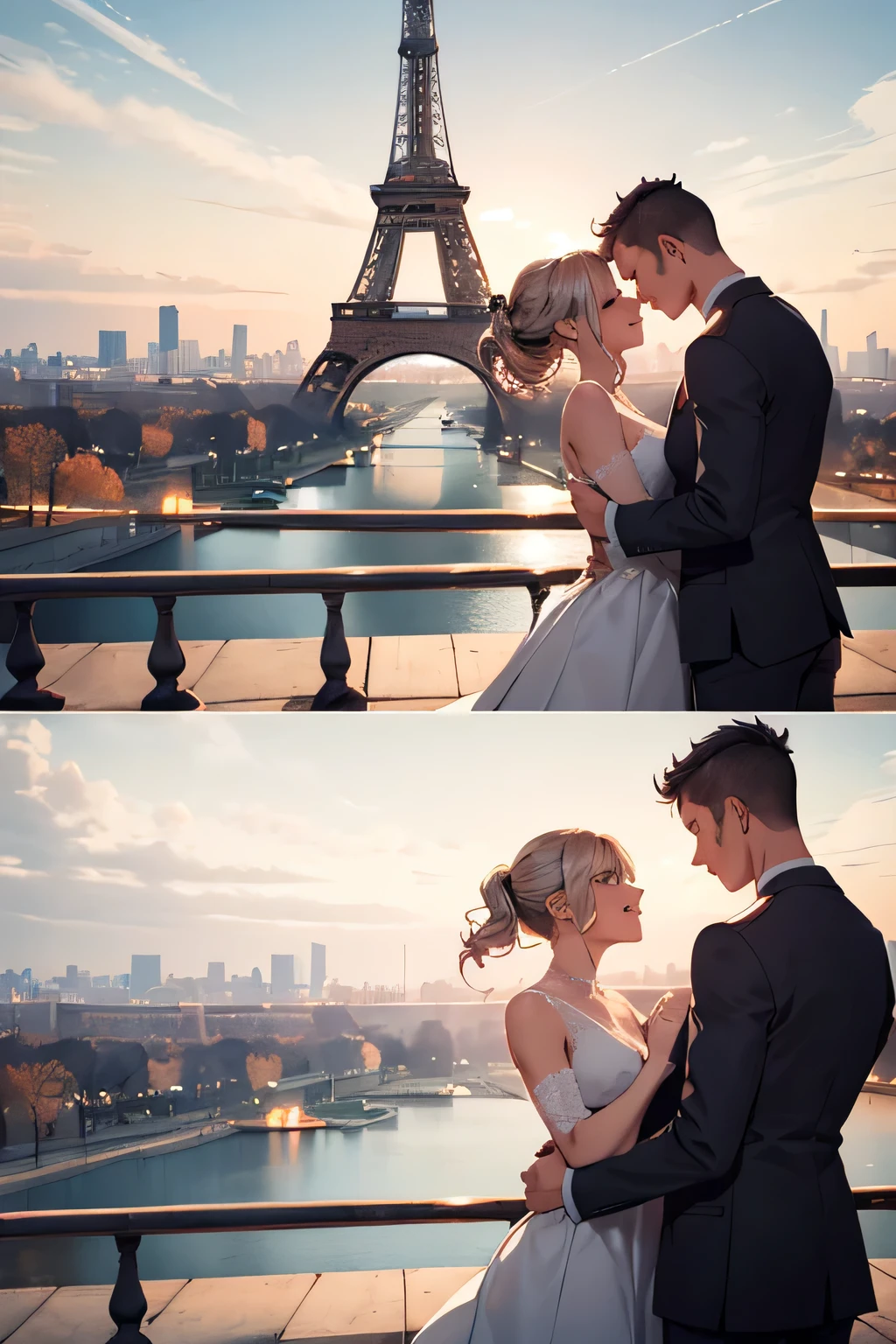 A couple in love at the Eiffel Tower . Let the number 10 stand out, since it is an important date for the 2.