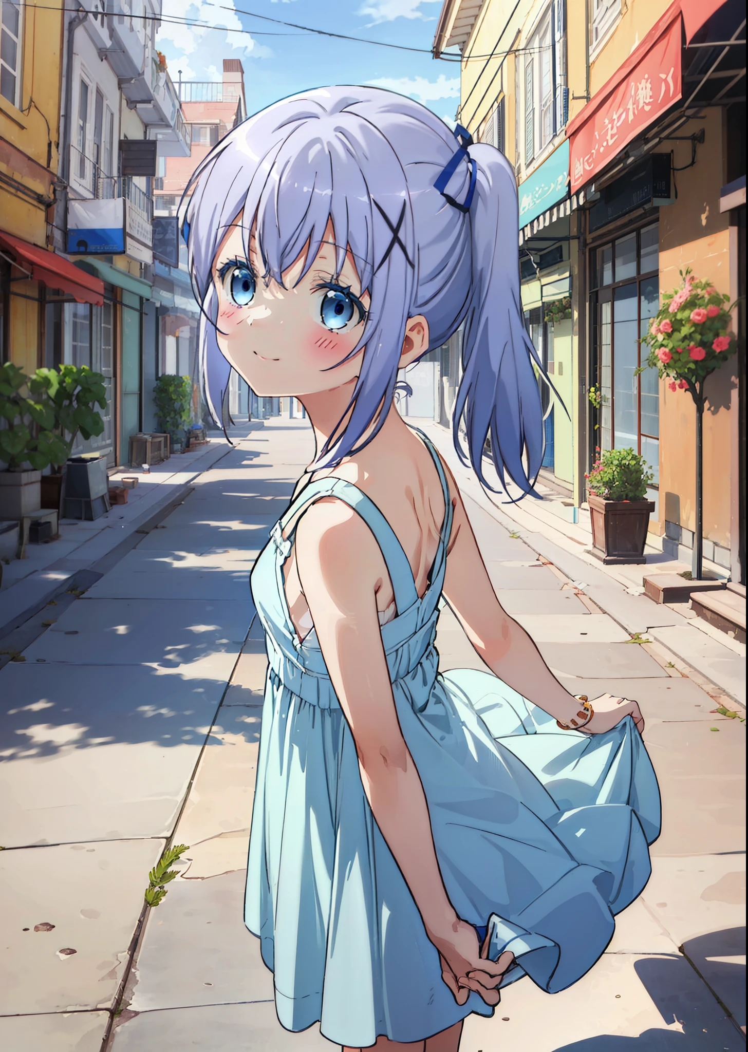 Chino Kafuu, very cute and beautiful girl,(highly detailed beautiful face and eyes),Check it out, long hair, bangs, blue hair, (blue eyes:1.2),Blue Tank Top,White long skirt,Heeled Sandals,Daytime,Clear skies,Palm tree,Walking,smile,Close your mouth,blush,whole bodyがイラストに入るように,
break outdoors, tropical,Tropical,Coastal Road,
break looking at viewer, whole body,
break (masterpiece:1.2), Highest quality, High resolution, unity 8k wallpaper, (figure:0.8), (Beautiful attention to detail:1.6), Highly detailed face, Perfect lighting, Highly detailed CG, (Perfect hands, Perfect Anatomy),