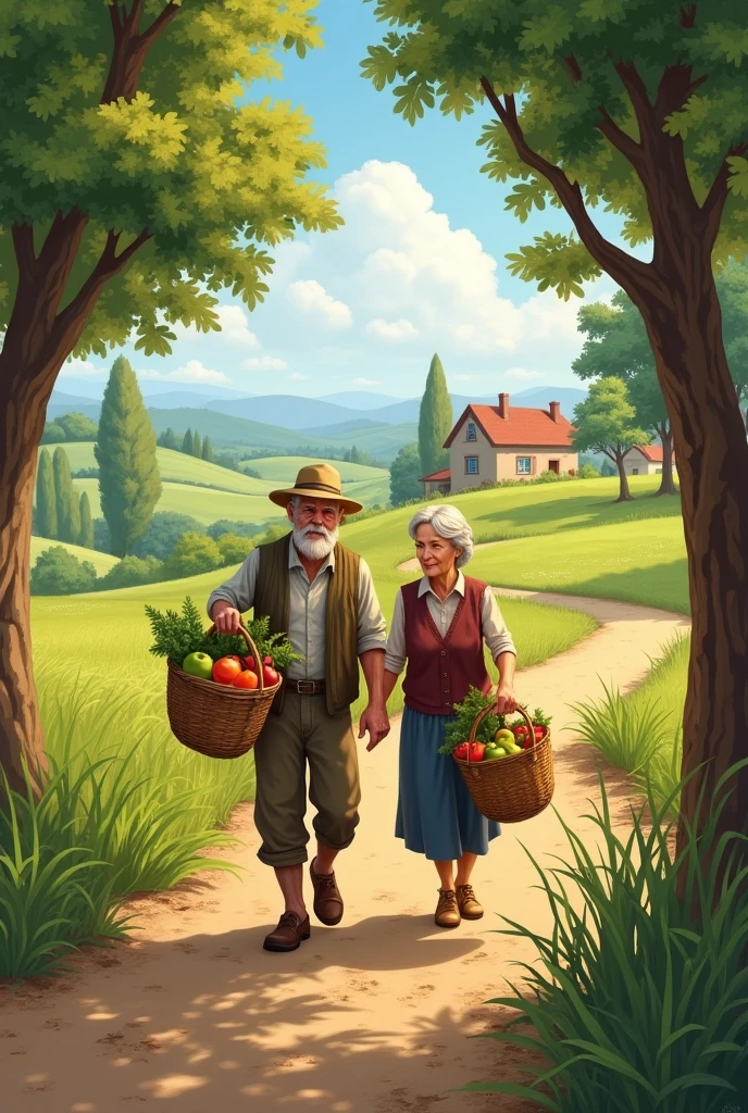 A farmer and his wife comeing back home from market 
