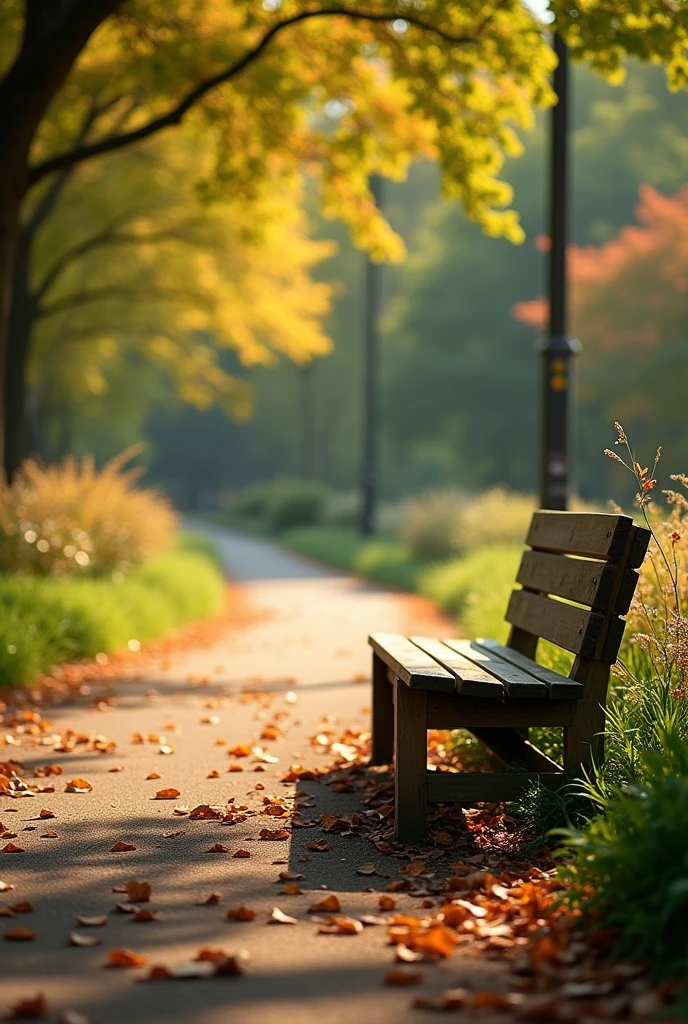 A stunning photo of summer view, a bench  in a park in front of a beautiful gardem, pedestrian lane with lots of dry brown leaves on the ground, zoom the image from the below on the ground, low lighting, masterpiece, highly-detailed, ultra-sharp. 