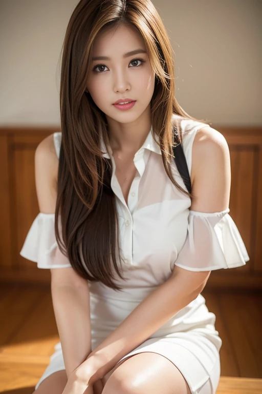 (RAW Photos), (Realistic), (masterpiece), (highest quality), High resolution, 8k, (Intricate details), (Volumetric Light), Portraiture, woman, Age 25, Medium Hair, Straight hair, Layered Hair, Brown Hair, Very beautiful eyes, Source order, Very thin eyebrows, Very fine skin, Very beautiful mouth, Very nice nose, Cute like an idol, smile, (Thick lips), (Looking at the audience), (White collared dress shirt), Above the knee shot,Slender figure、
