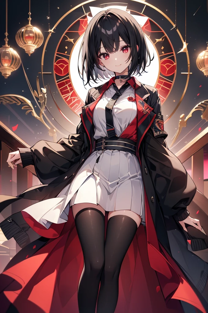 (masterpiece, highest quality, highest quality, (No text), Beautiful and aesthetic:1.2),No text,アニメ、BREAK,One Girl,Black Hair Girl short hair older sister choker Beautiful eyes Red eyes cool smile Black and Red Black jacket stockings whole body In town