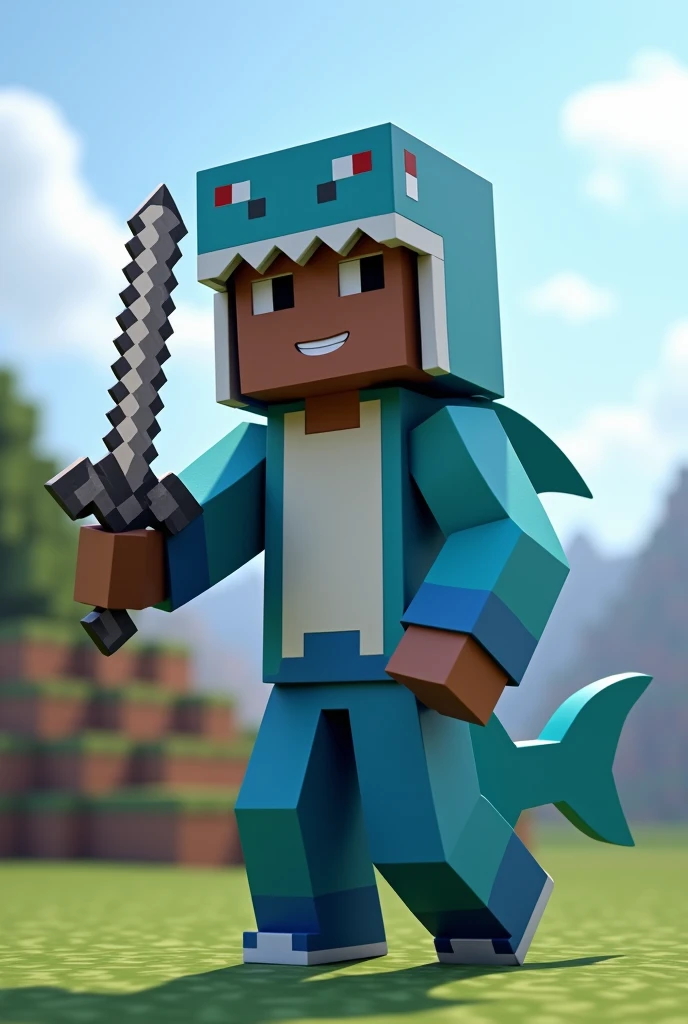 A Minecraft character, with a shark costume, with chocolate skin, with blue pants, with a blue shoe, Minecraft background, Posing for a photo, with realism, with an iron sword in his hand, Looking at screen, with a smile, with a cute face,