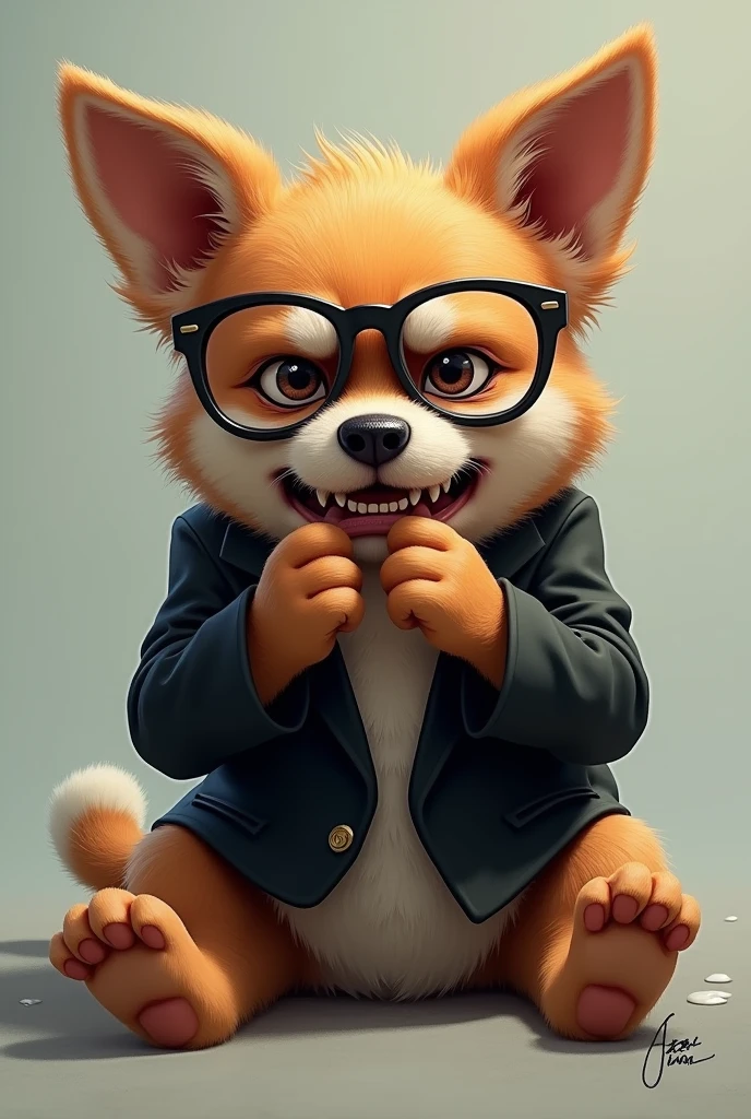 Angry face dag wearing spectacles with black blazer sitting down and crying like a baby
