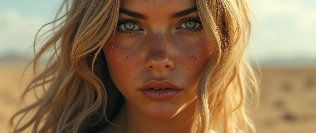 Mad Max Woman, photographrealistic, Postapocalypse、rifle、(((Naked))), Colossal 、Young Woman、Lots of skin、(extremely detailed CG unity 8k wallpaper:1.5),<(masterpiece:1.5), (best quality:1.7), (full body type), (ultra wide angle), high resolution illustration, (finely detailed eyes and detailed face:1.3), (detail:1.3, best quality, (ultra-detailed), (an extremely delicate and beautiful), (illustration), masterpiece, best quality, detailed face, 1girl, realistic, solo, a 44 year old, mature, v1873c, long_hair, blonde_hair, (with a black lace bra, dirty face,