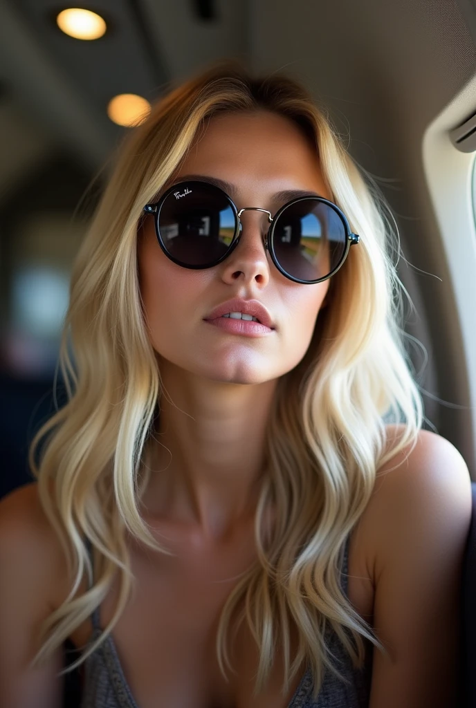 belle blonde qui regard à travers le hublot dans l'avion, photo réaliste, instagram, lunette rayban