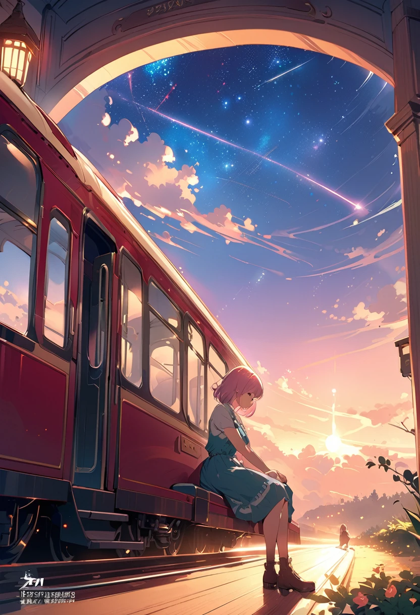 masterpiece, Old station、Girl sitting on bench、profile、Pink Hair、Short Hair、Wide angle perspective、 Bright starry sky. Romantic Train, photograph:Xin Haicheng, Pixiv, Concept Art, Lofi Art style, reflection. by makoto shinkai, Lofi Art, Beautiful anime scene, Anime Scenery, Detailed Landscape — Width 672, in Makoto Shinkai'style, Makoto Shinkai'style, Enhanced Details.