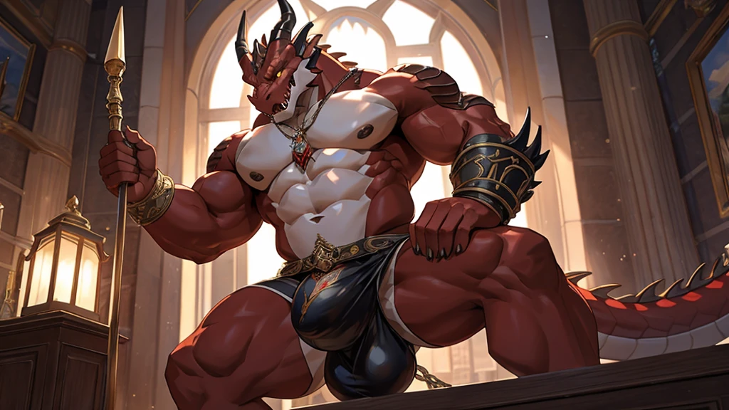 delicate and detailed CG masterpiece featuring a red-skinned demon with human features and a dragon-like appearance with a bestial spindle and huge bulge adorned with pectorals and scales half-furry. Ele tem chifres para mostrar seu poderoso e dominante naturey olhando ficando de frente para o espectador. The character is holding his bulge huge balls and visible sheath, creating a sense of provocative tension as he looks at the viewer, barebody, Big and low balls naked, the big excited and cumming penis comes out like a shot and a white goo runs down the top of the penis head huge erection, testicles, naturey. His very long tongue and sharp fangs are prominent features, While adding a touch of sensually intense masculinity.