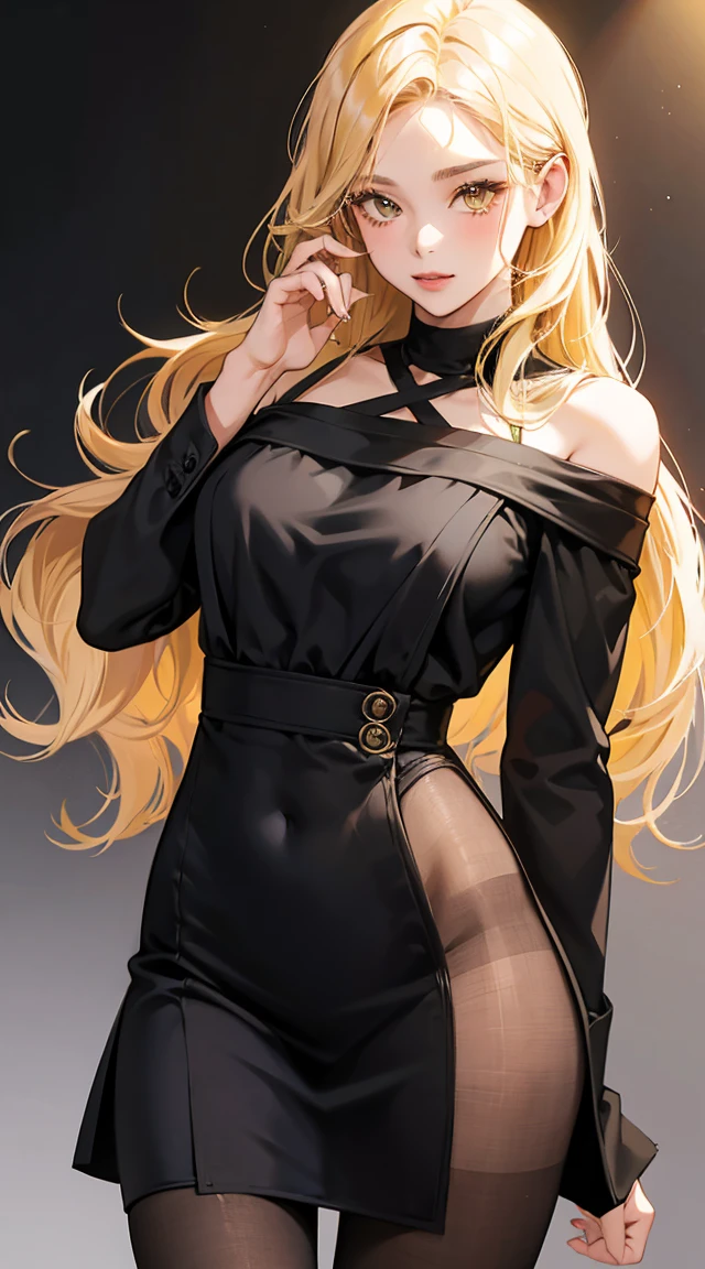 1girl, 30 years old, student, black dress, off-the-shoulder, blonde hair, long hair, blonde, yellow eyes, black pantyhose, sexy, seductive