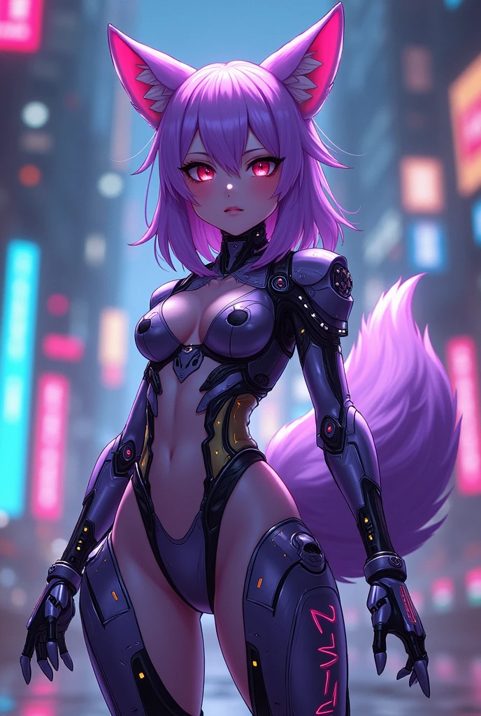 A cyborg anime fox girl with purple fur with clothing 