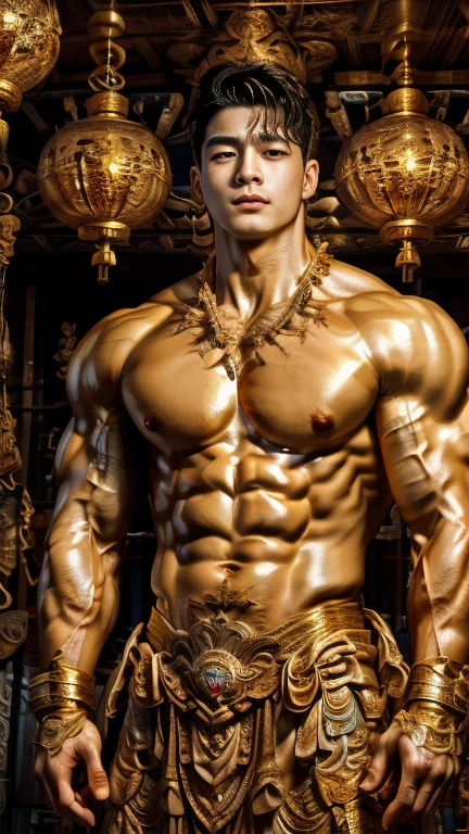 disconsolate,Ambient,artistic conception,large scene,The wind blew up the white curtains,Dattain lamps,Diffuse light,chest muscle,detailed face, Shirtless, stubbles, Sideburns, musculature, Strong handsome korean guy, a golden statue of handsome men god , multiple hands holding some weapons, , Hanfu,Golden blue、Jing Qing Moqing、jackson wang, Plain cherry blue,Junyi,Dignified atmosphere,Temperament,Short hair, Flat-headed beautiful man,The light is gentle,The scene comes to life