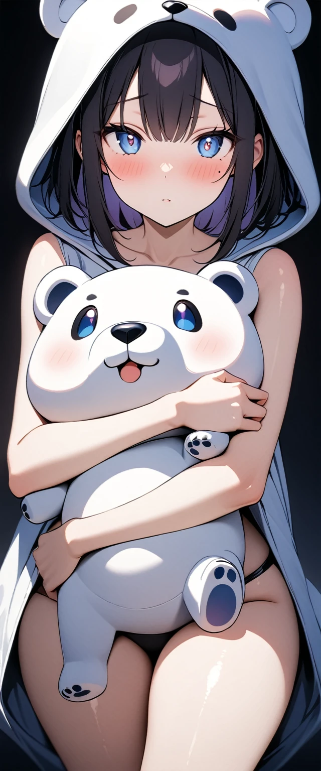 (Highest quality),(masterpiece), 8k,Very detailed, Detailed light, Best Shadow,Detailed reflective eyes, Very detailedな顔,Shiny Hair,(1 girl:1.2),woman,Gloss,Black Hair,Embarrassing,blush,Beautiful fingers,Beautiful Hands,whole body,blue eyes,(Medium length hair:1.2),thin,Mole under the eye,Bear costume,(Stuffed polar bear:1.2),(大きいStuffed polar bear:1.2),Hug a stuffed animal,(Watery eyes 1.2),